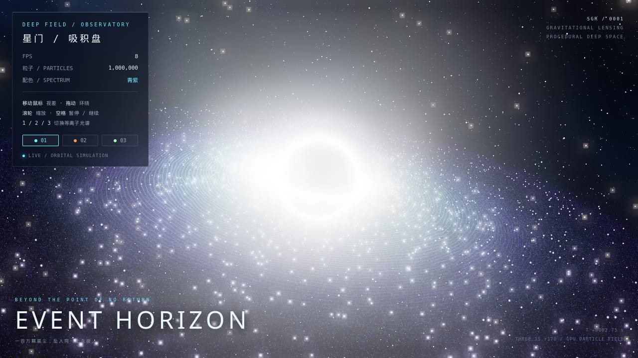 A black hole in deep space with an orange and cyan accretion disk, surrounded by a million particles of star dust, with an EVENT HORIZON title and HUD readout at the upper left