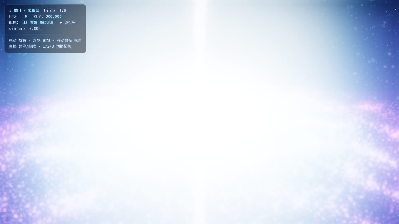 A pale blue-white haze fills the frame with almost no visible black hole or disk structure; the HUD reads 10 FPS and 300,000 particles