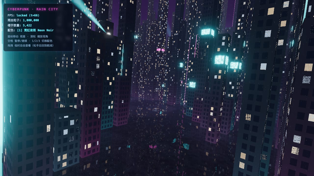 A cyberpunk rain city seen from above, blocky towers with cyan and violet window light, a searchlight beam cutting across the frame, wet reflective ground