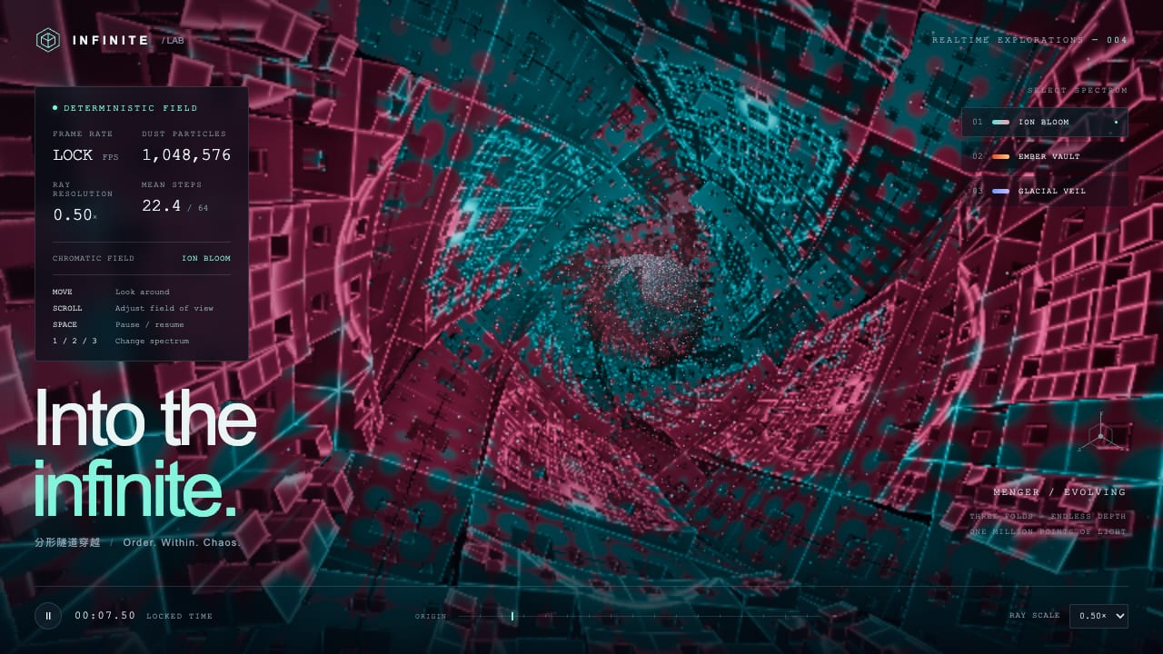 The interior of a fractal tunnel in cyan and red, Menger sponge structure converging into the distance, particles gathered near the centre, with an INFINITE HUD panel at the left