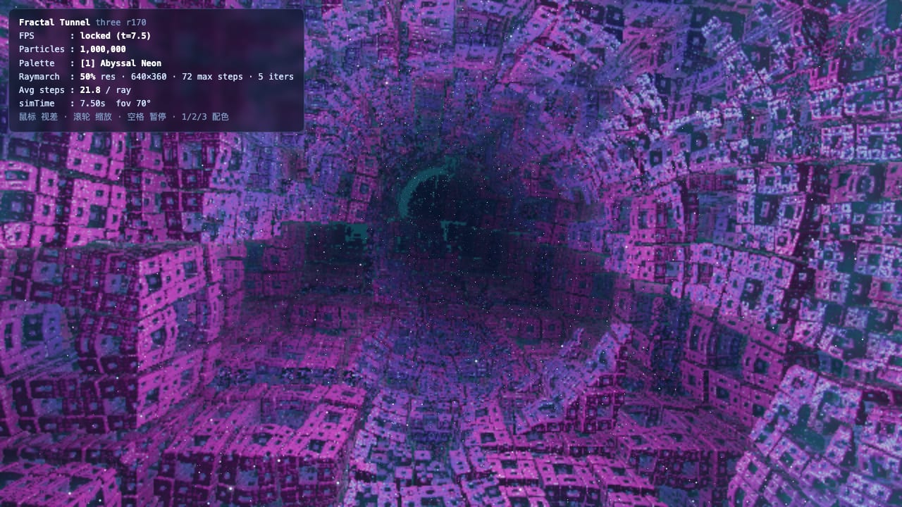 The interior of a dense fractal tunnel in violet and pink, Menger sponge cavities receding layer by layer, white dust particles scattered through it