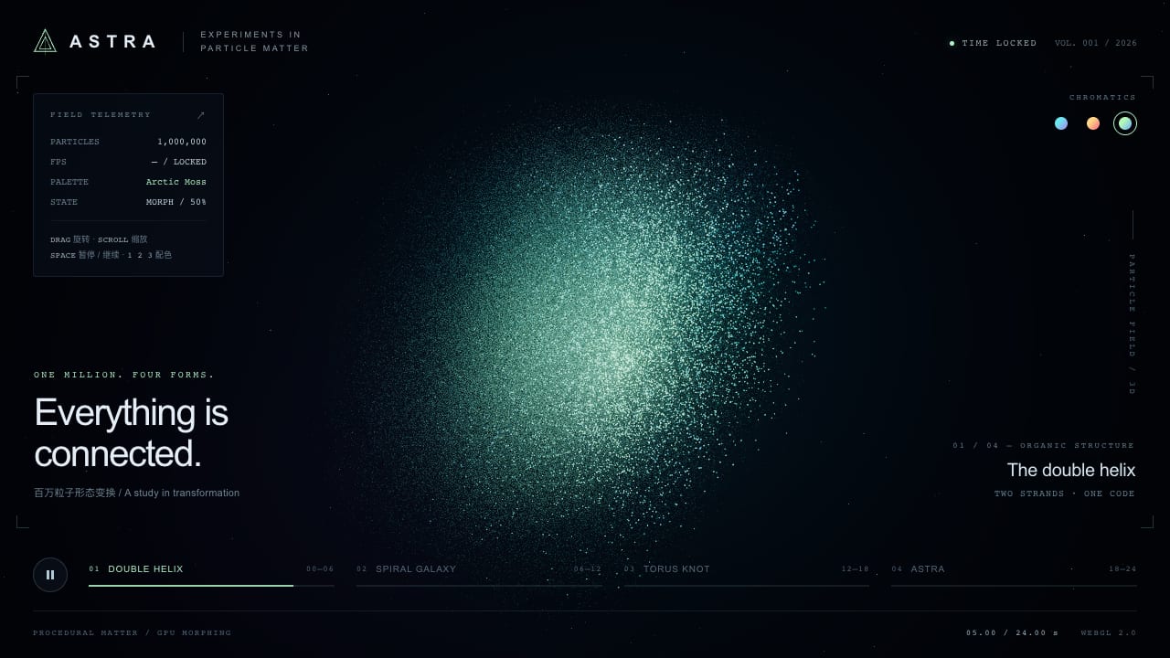 A million particles caught mid-transition between shapes, scattering outward and converging toward a target form, in cool tones