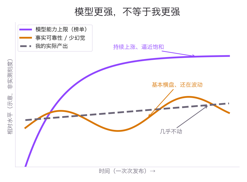 模型能力上限持续上涨,但可靠性基本横盘、个人实际产出几乎不动的三条曲线示意