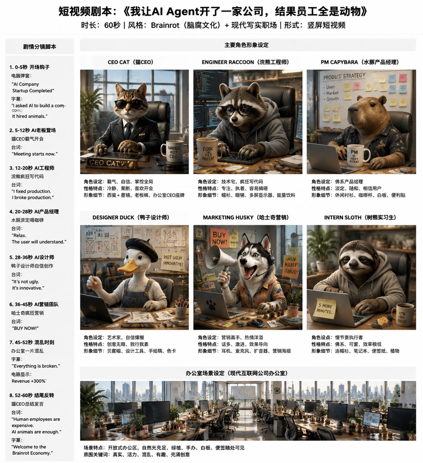 八段分镜脚本与六个动物角色的形象设定,下方为现代互联网公司办公室场景设定